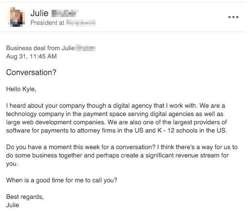 example of a cold email talking about a business deal