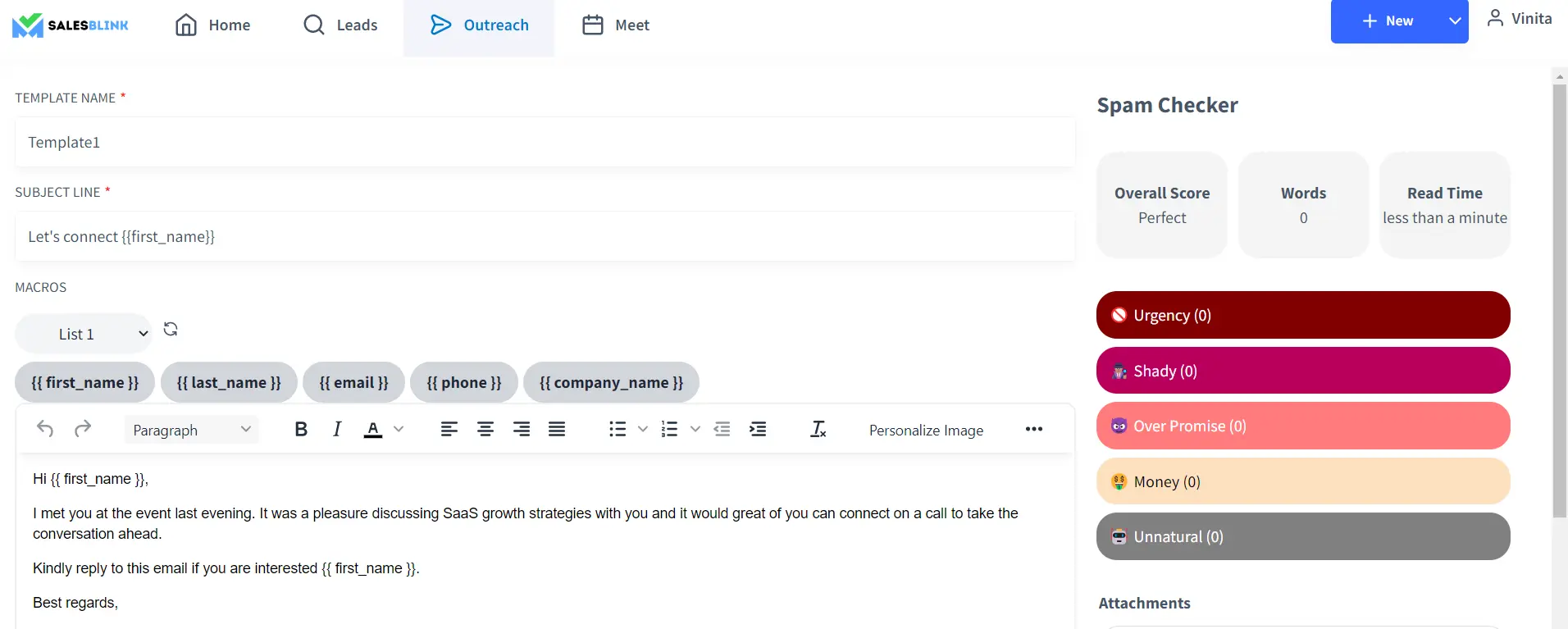 SalesBlink personalized email template