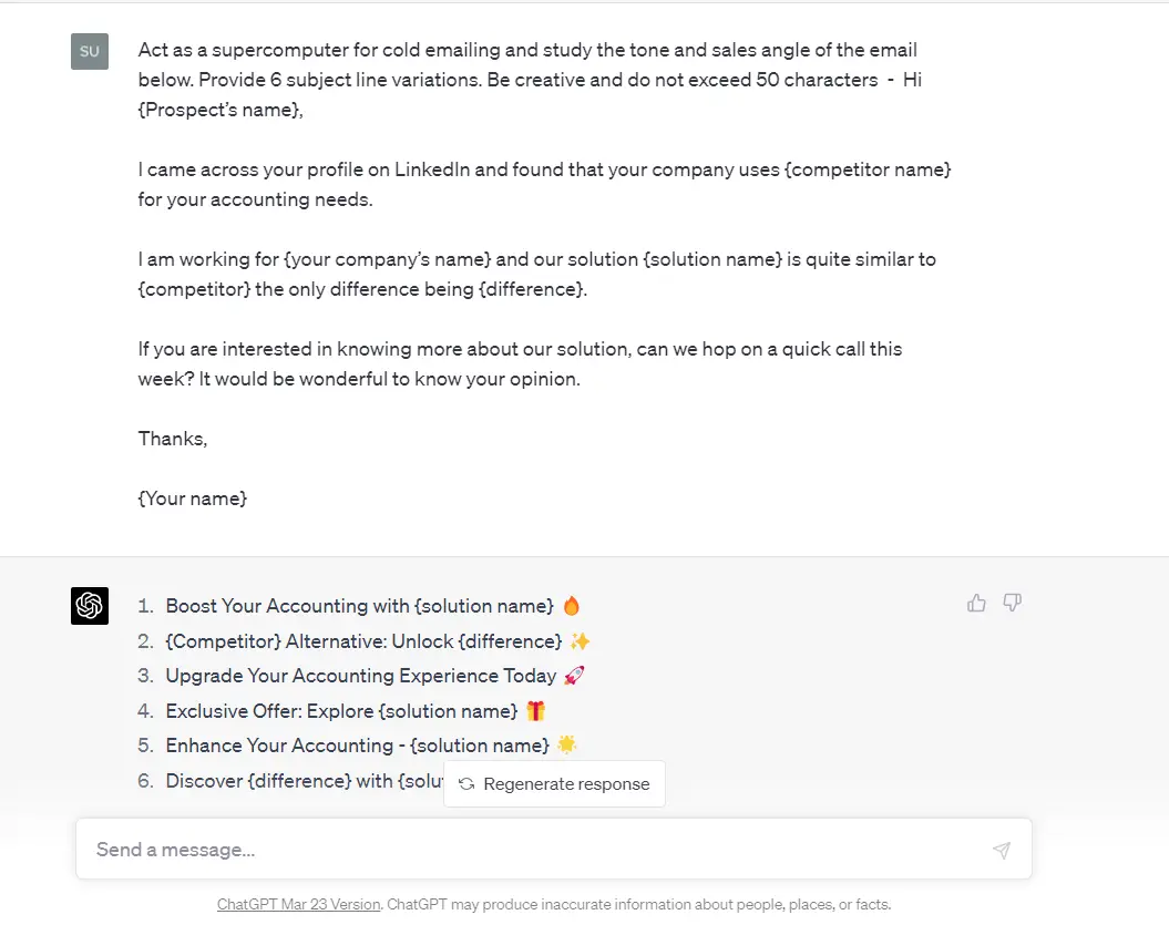 Prompt To Write Cold Email Subject Lines With ChatGPT