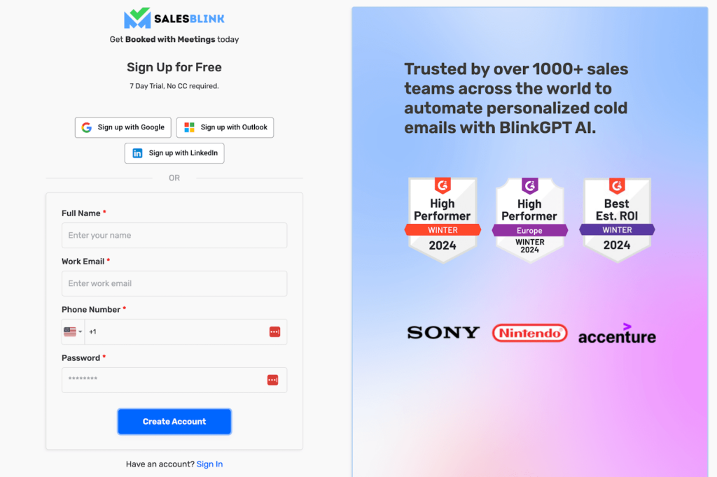 SalesBlink Sign Up Page